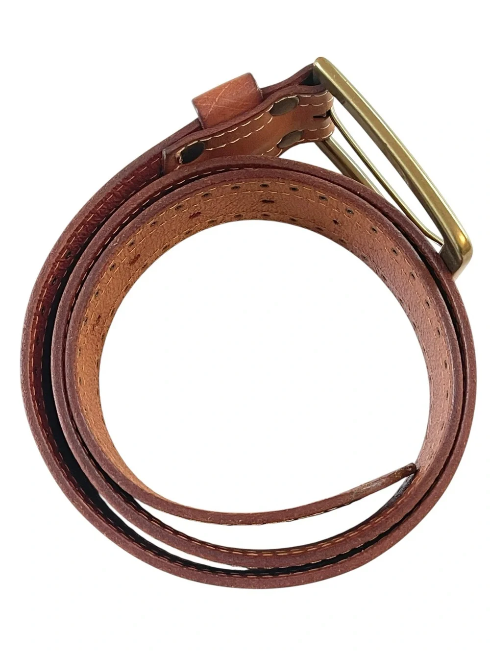 Wide Brown Leather Belt with Square Brass Buckle 90s Size S/M